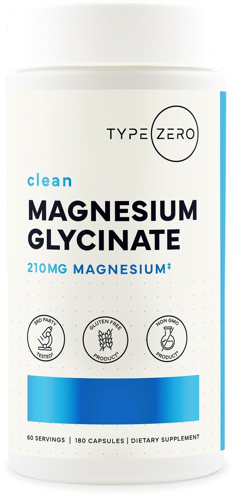 Type Zero Magnesium Glycinate (210mg | 180 Capsules) Pure, Non-GMO, Gluten Free, Natural High Absorption Magnesium Supplement