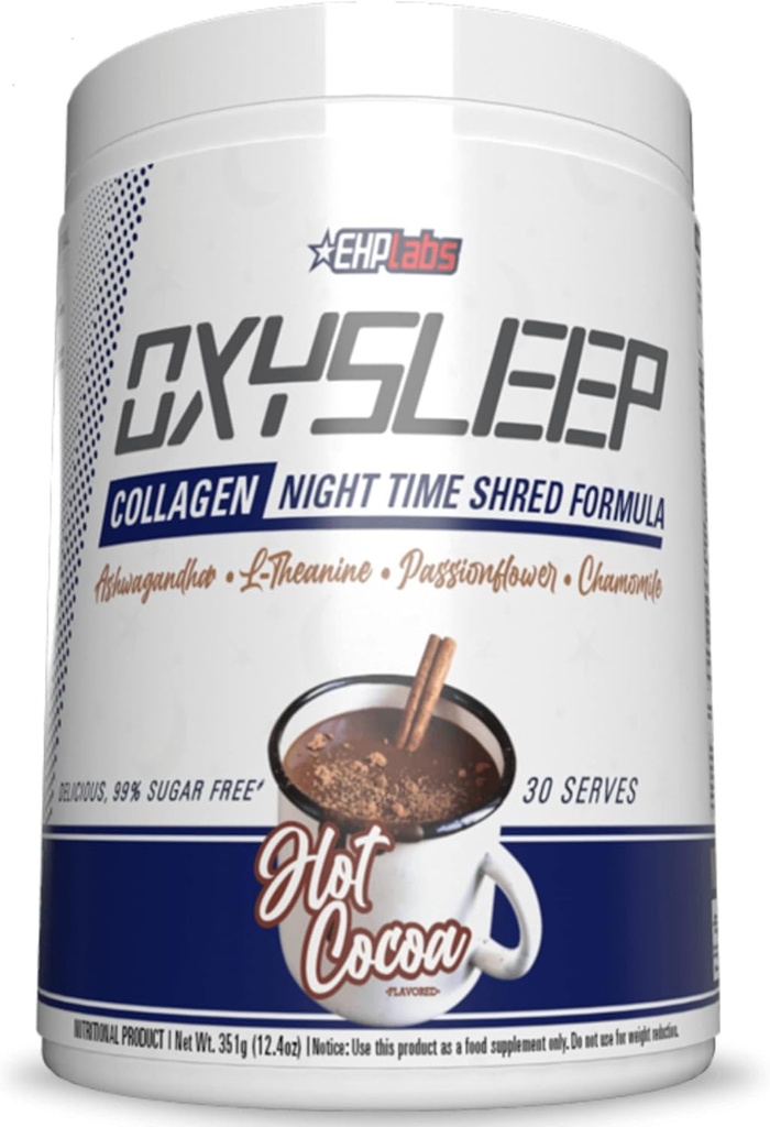 EHP Labs OxySleep Collagen Peptider Powder Night Time Shred - fremmer dyb søvn & Shredding, Hud, Bones & Muscle Support, Pasture- Raised Bovin Collagen, Type I & III, 30 Serveringer (Hot Cocoa)