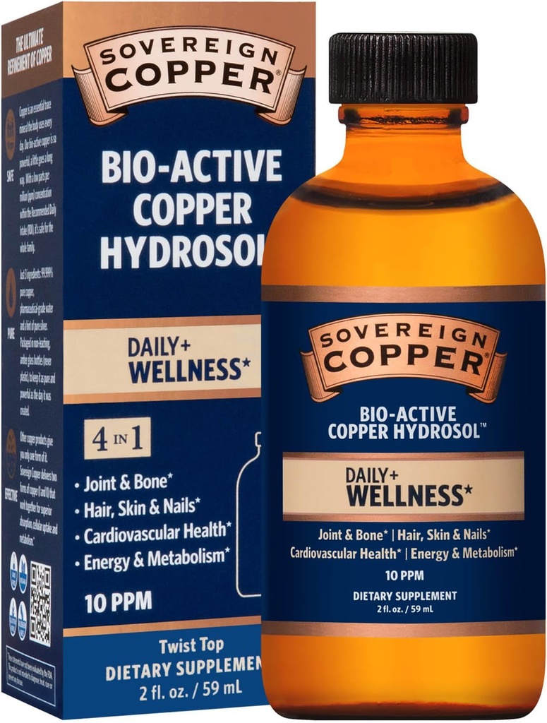 Sovereign Copper Professional 4- in-1 Wellness Support, Joint & Bone, Hår, Hud & Nails, Cardiovaskulær Health & Energy, Bio- Active Copper Hydrosol, 30 ppm, Flydende Twist Top, 2 Fl Oz (59 ml)