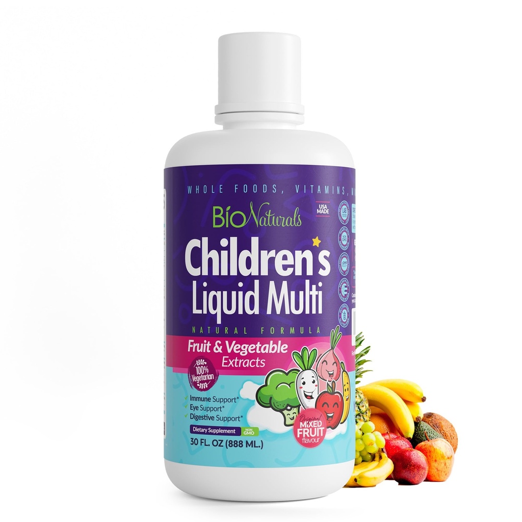 Bio Naturals Children 's Liquid Multivitamin & Immunbooster - Natural Supplement for Kids & Toddlers med Vitaminer A B C D3 E, Fiber, Frugter & Grøntsager - Ingen GMO' er, Gluten, Sukker, Dairy, Soy - 16oz