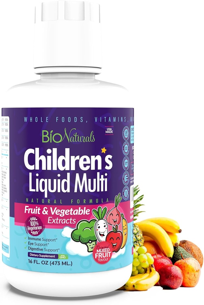 Bio Naturals Children 's Liquid Multivitamin & Immunbooster - Natural Supplement for Kids & Toddlers med Vitaminer A B C D3 E, Fiber, Frugter & Grøntsager - Ingen GMO' er, Gluten, Sukker, Dairy, Soy - 16oz