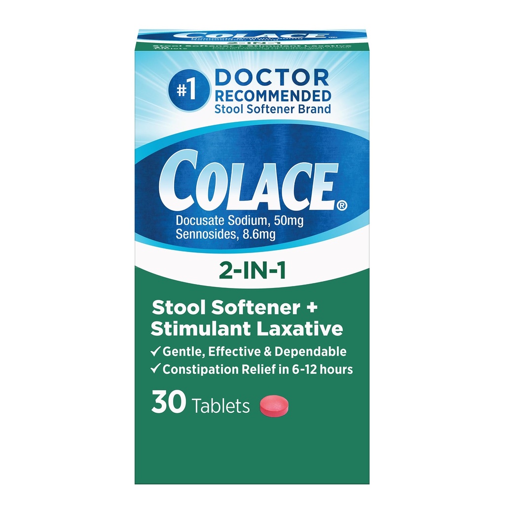 Colace 2 - In-1 Afføring Blødgøringsmiddel & Stimulerende Laxative tabletter, Gentle Forstoppelse Relief i 6- 12 timer, 30 Tæl