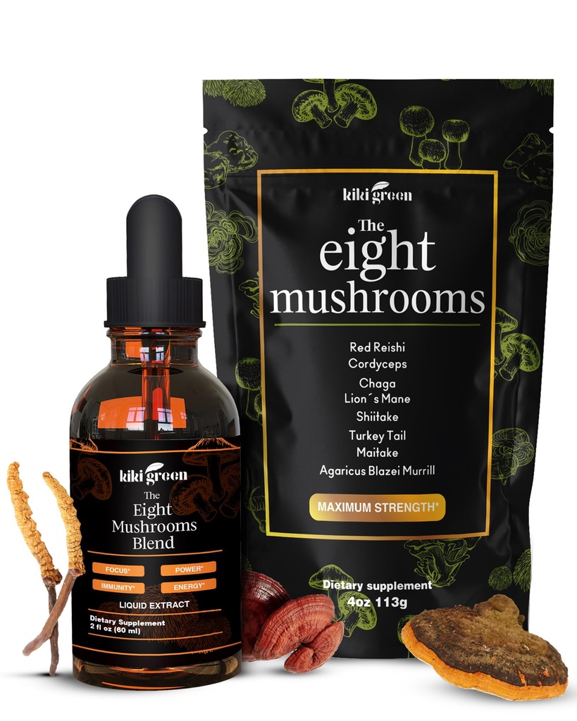 KIKI Green 8 Champignons Powder & Liquid Extract Bundle - Mushroom Supplement Complex for Focus & Energy - Lions Mane, Chaga, Cordyceps, Tyrkiet Tail, Reishi, Shiitake, Maitake - 4 oz, 2 fl oz