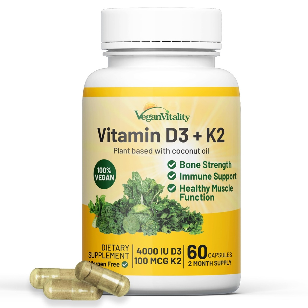 Vegansk Vitality Vitamin D3 K2 ECONIE (100mcg) med kokosolie, 100% Plant baseret Vegansk D-vitamin til Vegan og Vegetar - 60 kapsler