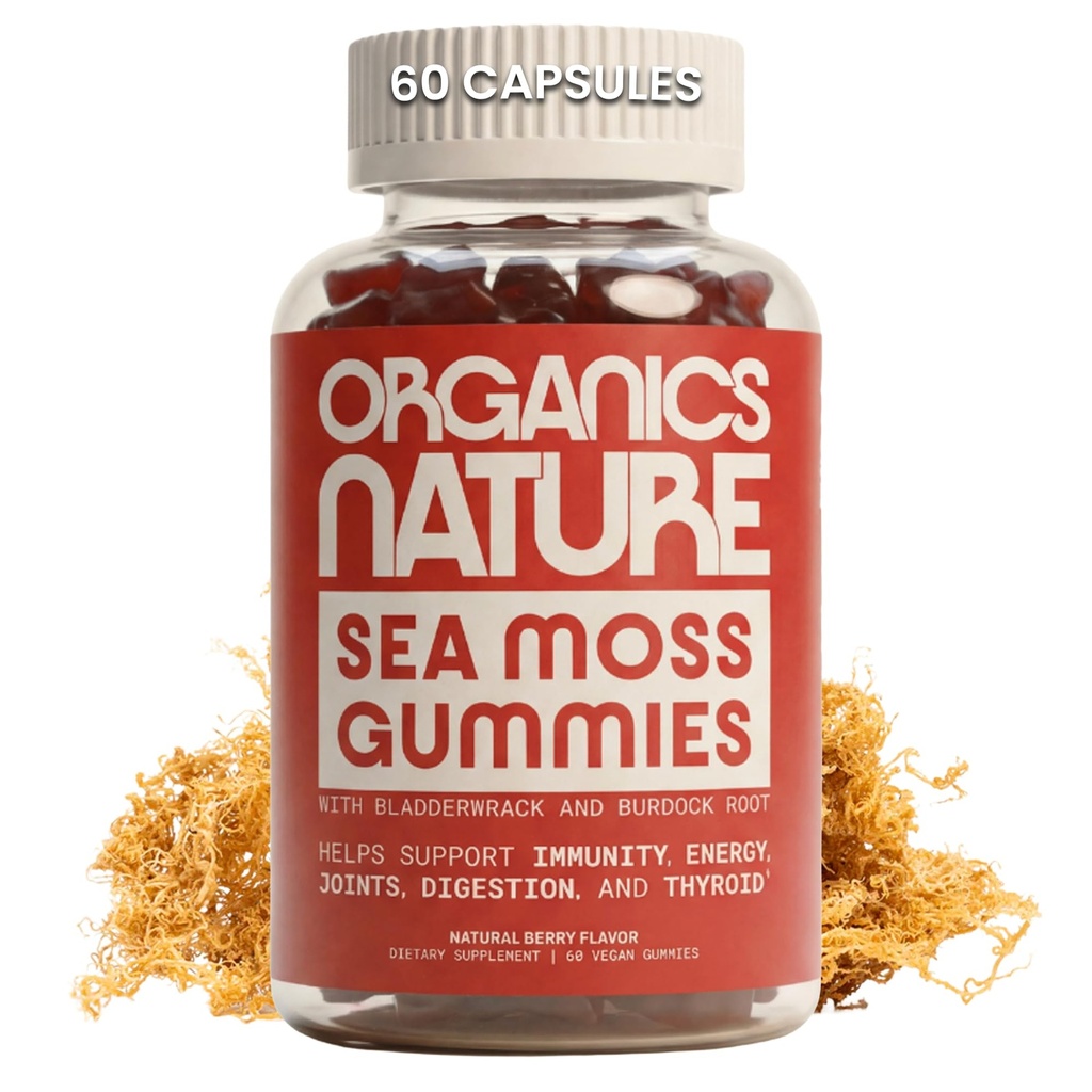ORGANICS NATUR Irish Sea Moss Gummies for Lung Detox, Thyroid, Strength Immuno Energy Support, Vegan Seamoss Gummies for Kids & Voksnes - 60 Veganske vingummi Bears Berry Flavored