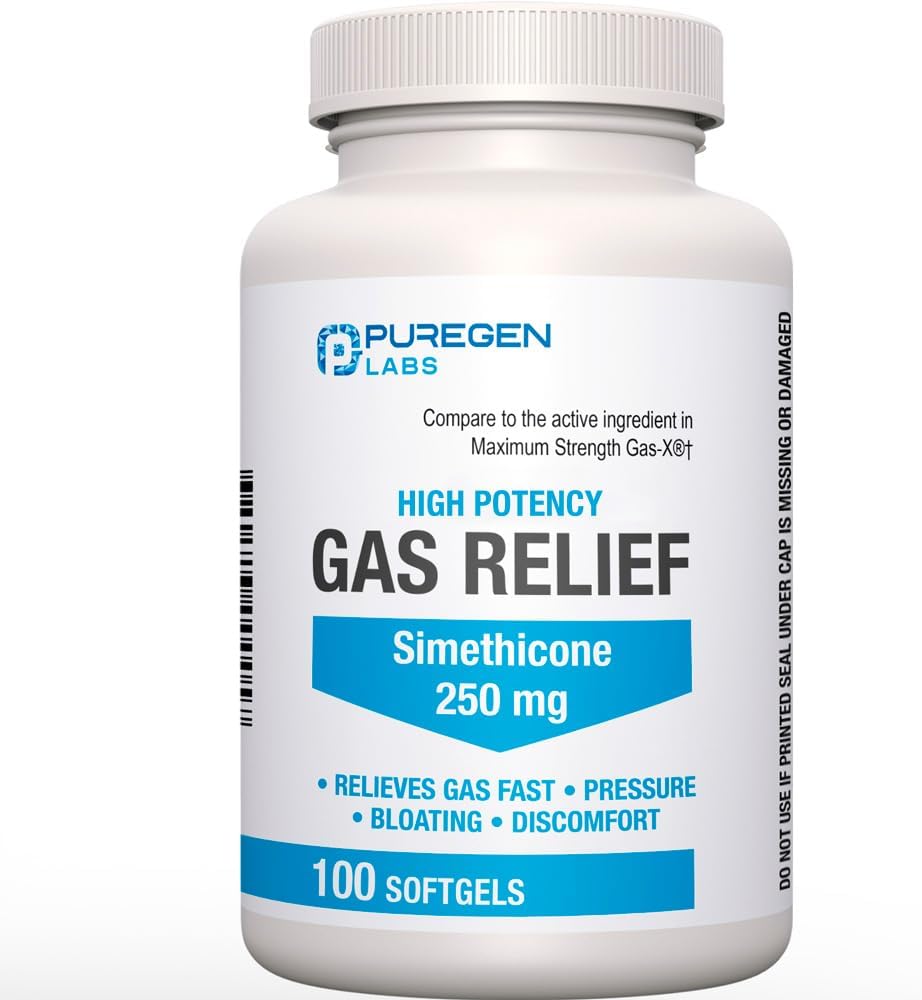 Maksimal styrke Gas Relief Softgel med Simeticone 250 mg Relieve Tryk, Bloating og smertelig ubehag Sammenlign med gas-X og Phazyme -100 Greve