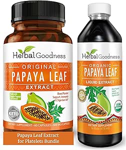 Papaya Leaf Extract til Blodplader & Papaya Enzyme Bundle - 10X fordøjelseskapsler & 15X flydende blodplader Support - Immun, Gut, og fordøjelsessygdomme