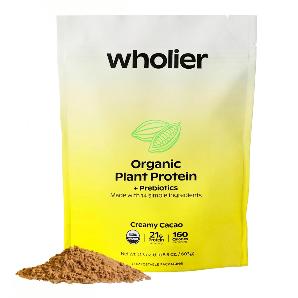 Wholier Organic Plant Protein + Prebiotics. Ren Vegansk Protein. 21g Protein. 14 Real Plant Ingredienser. Prebiotic Fiber. Ingen Natural Flavors, Gums eller Fillers. Cremet Cacao (1 LB 4 oz.)