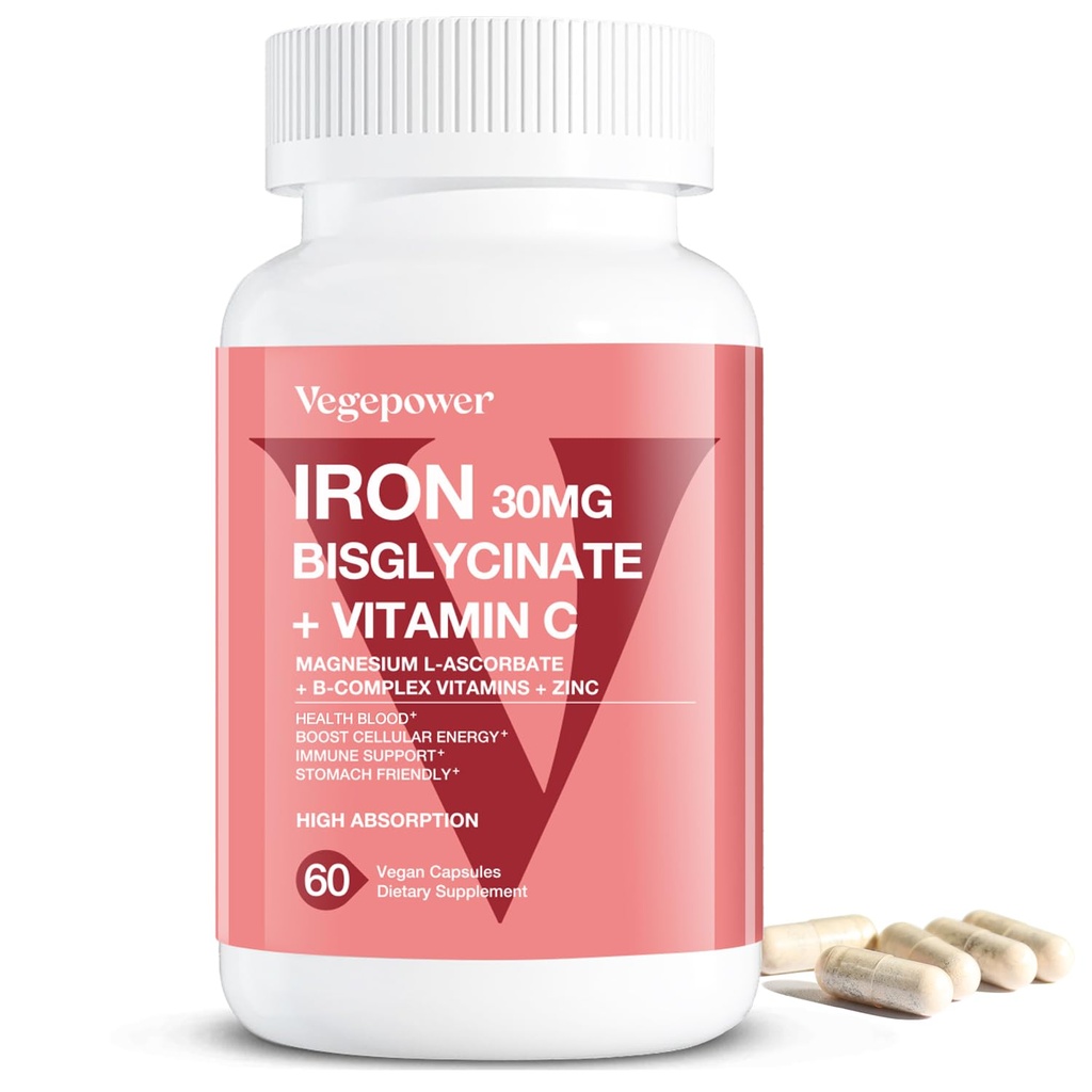 Iron Bisglycinate Supplement for kvinder & mænd - 30 mg jernpiller med C-vitamin, B12, folsyre - Chelated Iron for anæmi, Health Blood - High Absorption, Gluten- Free, Non- GMO - 60 Vegan Caps