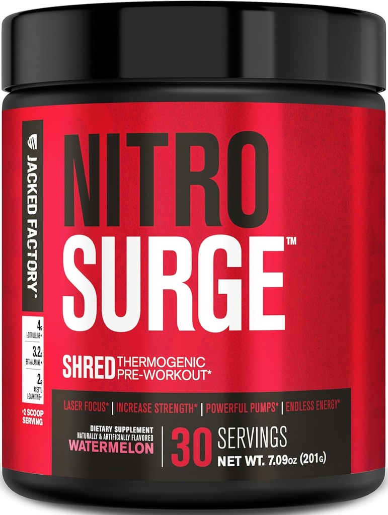 Jacked Factory NITROSURGE Shred Pre Workout Supplement - Energy Booster, Instant Strength Gains, Sharp Focus, kraftfulde pumper - Nitrooxid Booster & PreWorkout Powder - 30Sv, Watermelon