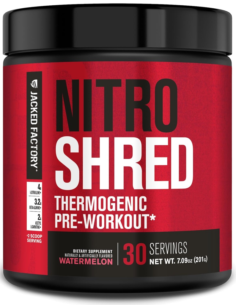 Jacked Factory NITROSURGE Shred Pre Workout Supplement - Energy Booster, Instant Strength Gains, Sharp Focus, kraftfulde pumper - Nitrooxid Booster & PreWorkout Powder - 30Sv, Watermelon