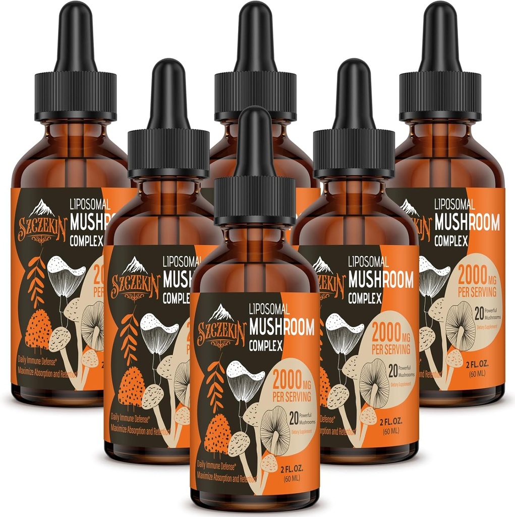 Liposomal Mushroom Complex Drops 2000 MG - 20 Organic Mushroom Ekstrakter - Avanceret flydende Formel for Immunitet, Kognitiv og Memory - Lions Mane Supplement, Reishi, Cordyceps, Chaga, 180 Servere