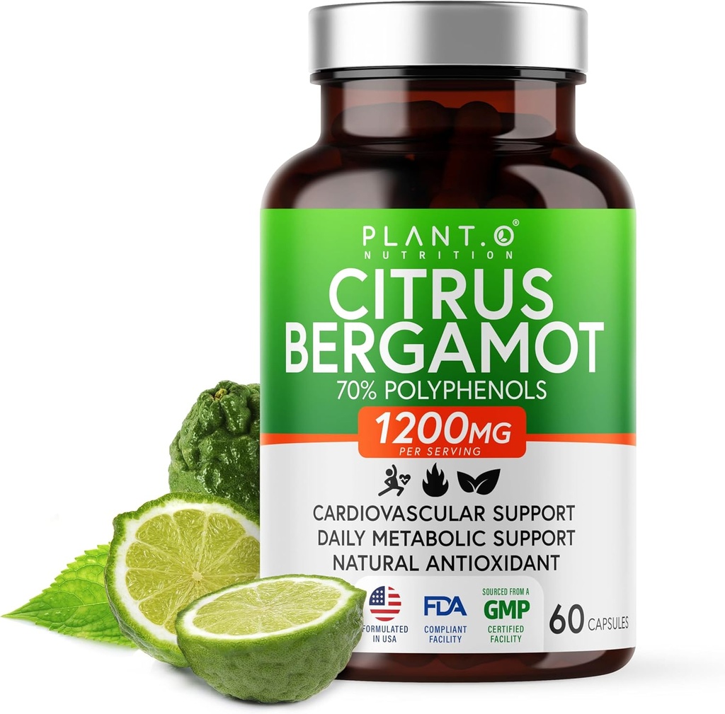 Citrus Bergamot Supplement 1200mg Meget koncentreret til 70% Polyphenoler - Pure Bergamot Extract for Heart Health, Immunity, Antioxidant - 60 Veggie Capsules, Made in USA