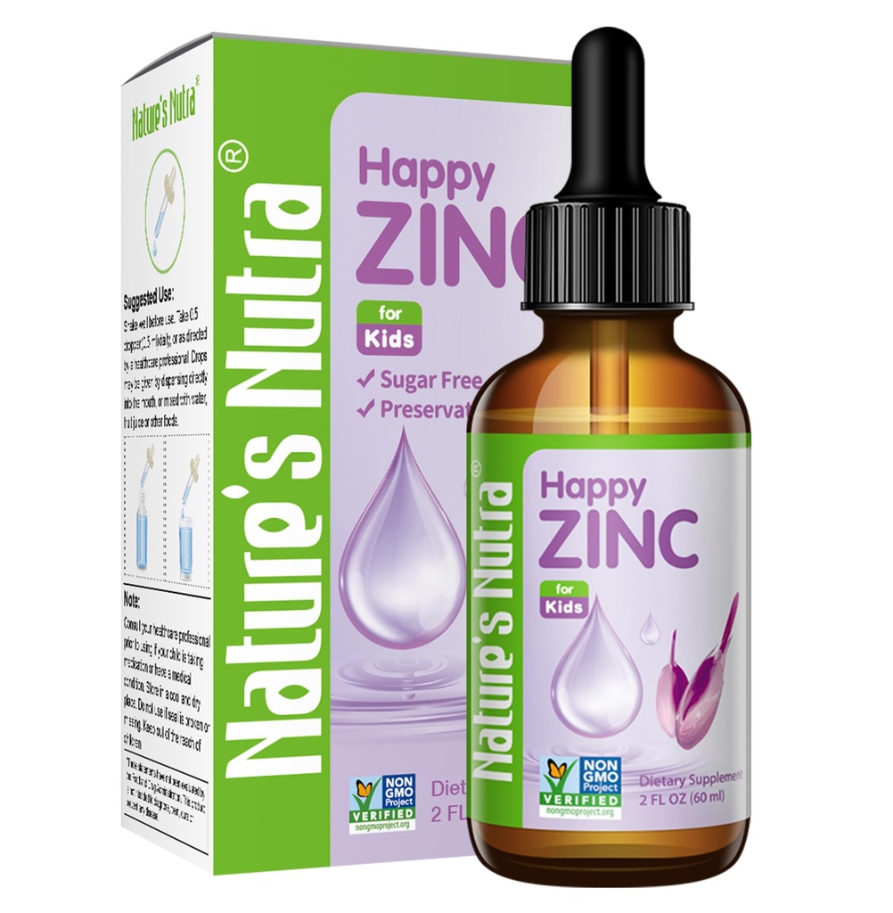 Naturens Nutra Happy Zink, Premium Liquid Zink til Baby, Infant, Børn og Børn, TRAACS Chelate Zink, Høj Biotilgængelighed, Non- GMO, Kosher, 2 Fl. Oz (60ml)