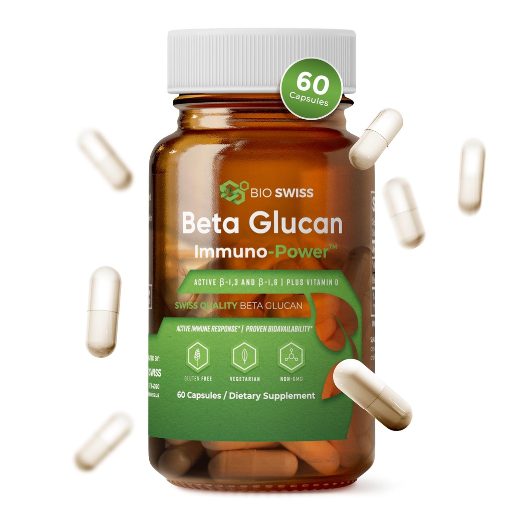 Bio Swiss Beta glucan Immunity Power - 1,3D- 1,6D glucan med D-vitamin - immunsupport supplement til forbedret forsvar og wellness - Vegan, Gluten- fri (60 kapsler)