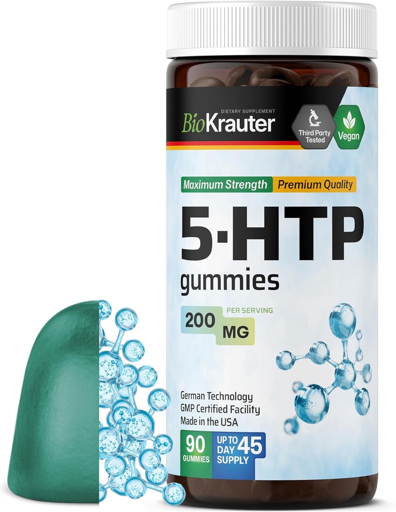 BIO KRAUTER 5 HTP Supplement Gummies - 200 mg Styrke - 90 Veganske tykkere - Afslapning Support 5HTP Plus L Tryptophan Supplement - Pectin baseret formel