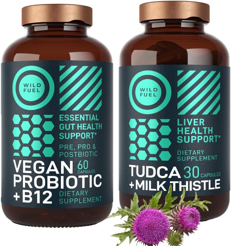 WILD FUEL TUDY med Milk Thistle Supplement og Vegansk Probiotisk Plus B12 Generelt Lever Rengøring og Gut Health Bundle