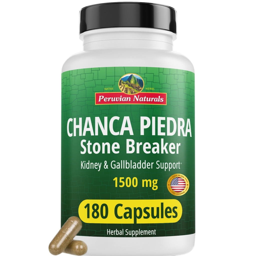 Peruvian Naturals Chanca Piedra Stone Breaker 180 Kapsler - Nyre Stone Dissolver & Galleblære - 1500mg per servering - Chancapiedra Stonebreaker for Brege Cleanse & Urinary Tract - Vegan, Ikke GMO
