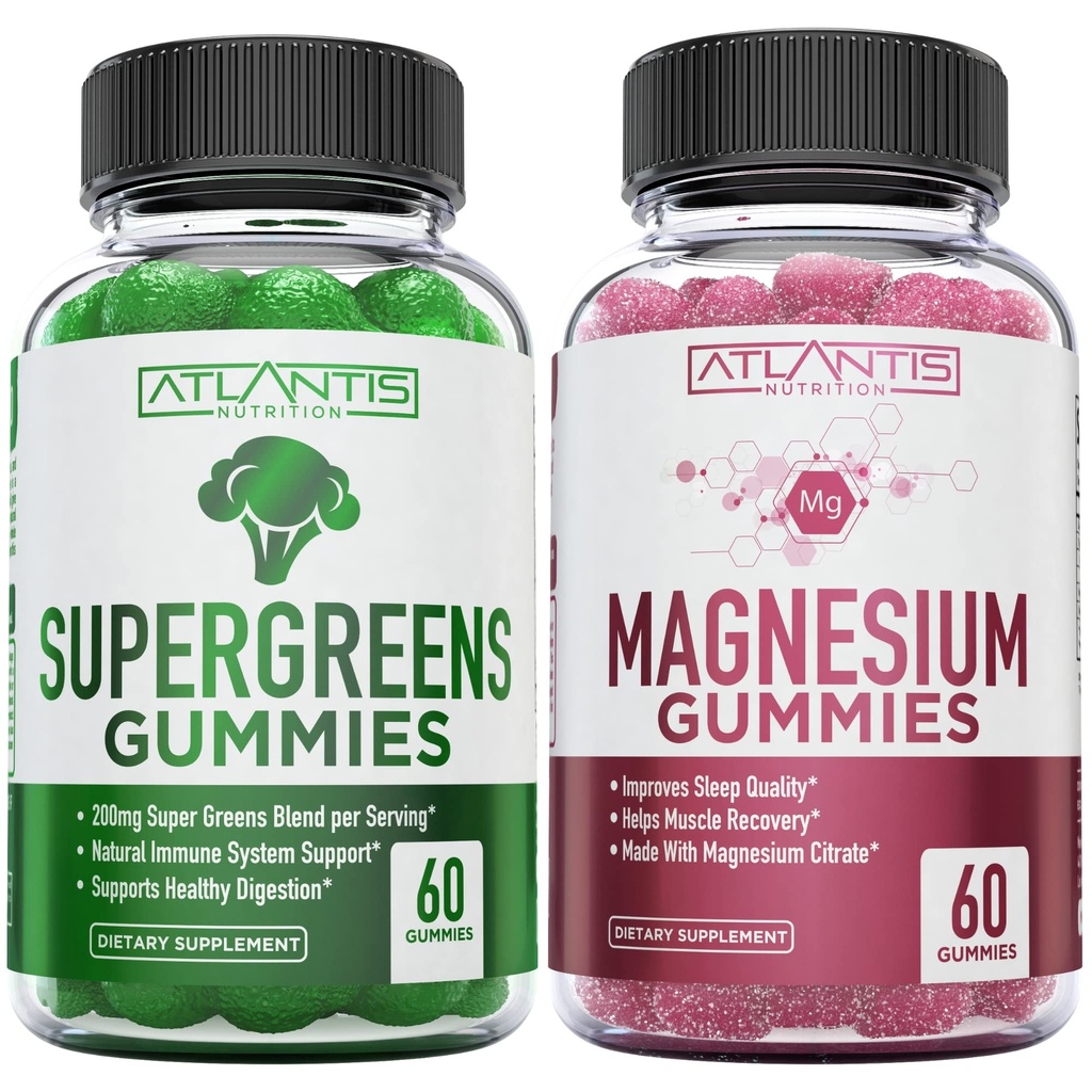 Supergreen & Magnesium Gummies - Magnesium Hjælper Muskler Recover, Lækre Supergreens med Spinach, Broccoli, Beetroot, Green Tea, & Acai for Immunity Support - 60 Gummies