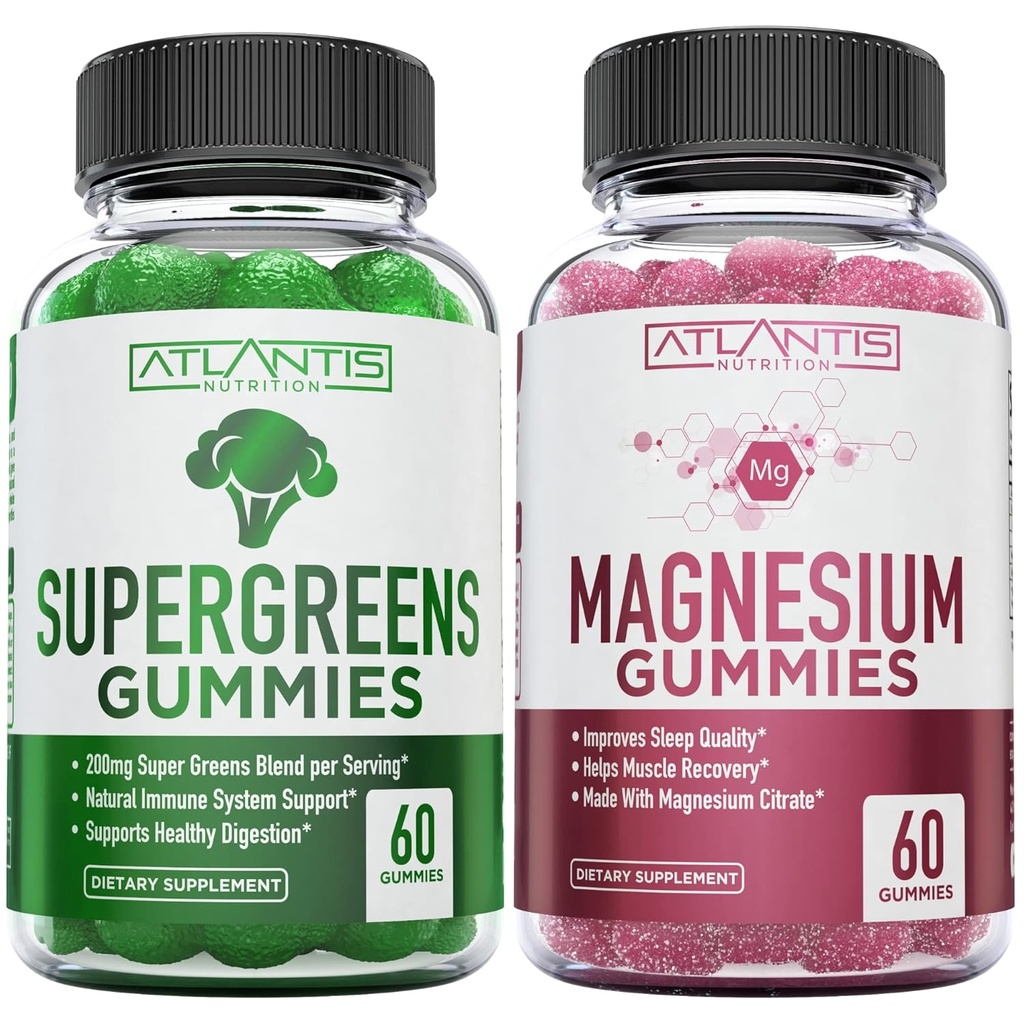 Supergreen & Magnesium Gummies - Magnesium Hjælper Muskler Recover, Lækre Supergreens med Spinach, Broccoli, Beetroot, Green Tea, & Acai for Immunity Support - 60 Gummies
