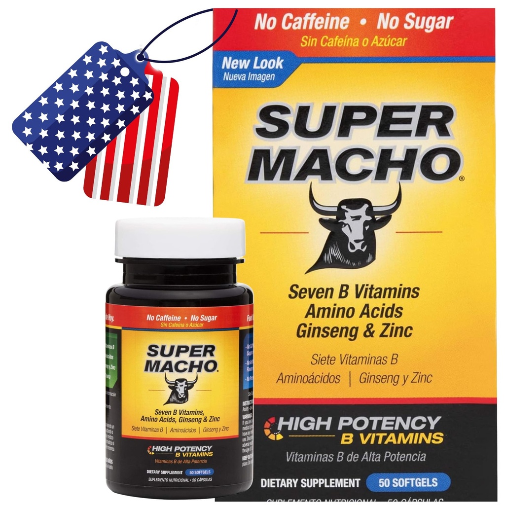 Super Macho, høj potens B vitaminer og aminosyrer, brændstof til dagens aktive mænd, ingen koffein, Ingen sukker, Kosttilskud, Made in USA, 50 Softgels
