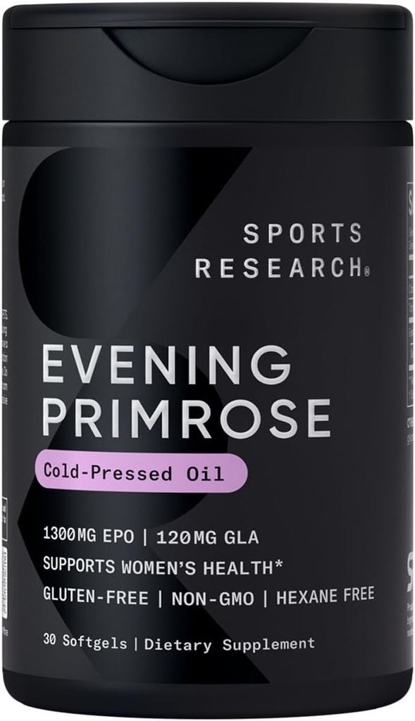 Sportsforskning Aften Primrose Supplement fra Cold Pressed Oil - Softgels for Women 's Health & Skin Health - Gluten Free & Non- GMO GLA - High Potency 1300mg, 30 Count