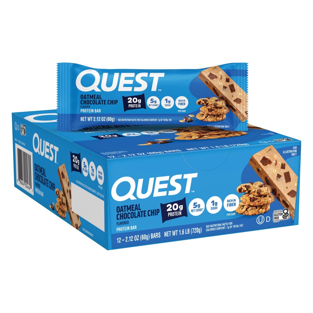 Quest Nutrition Havregryn Chokolade Chip Protein Bars, 20g Protein, 1g Sukker, 5g Net Carb, Gluten Free, Keto Friendly, 12 Greve