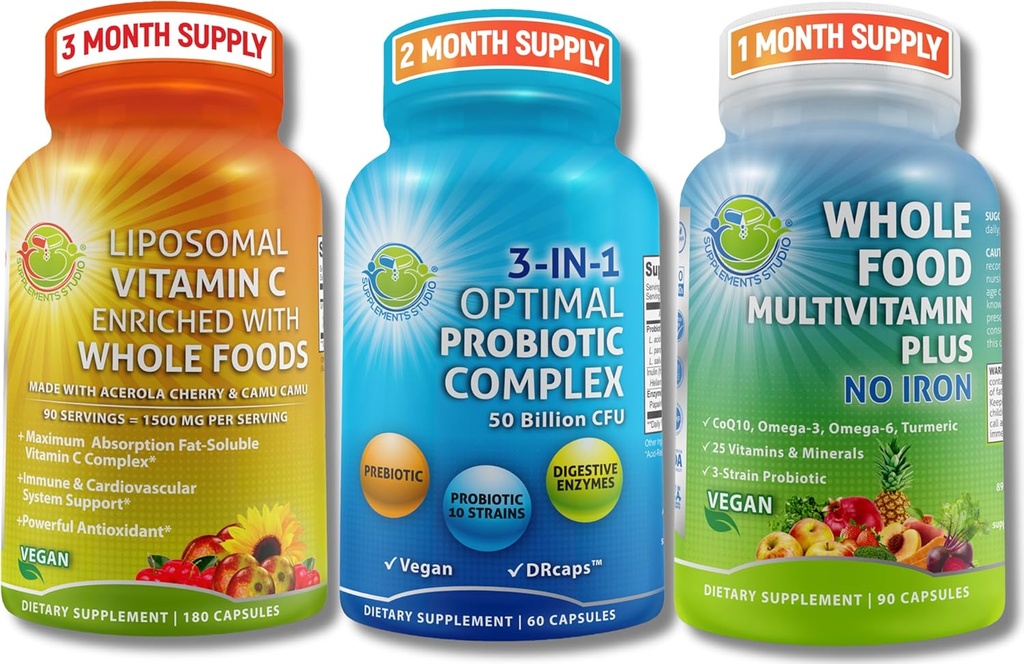 Gut Health, Immunity, Energy & Nutrient Support - 3-in-1 Probiotisk med fordøjelsesenzymer + Liposomal Vitamin C 1500mg + hel mad Multivitamin uden jern - Vegan, Non- GMO, Clean Wellness Support