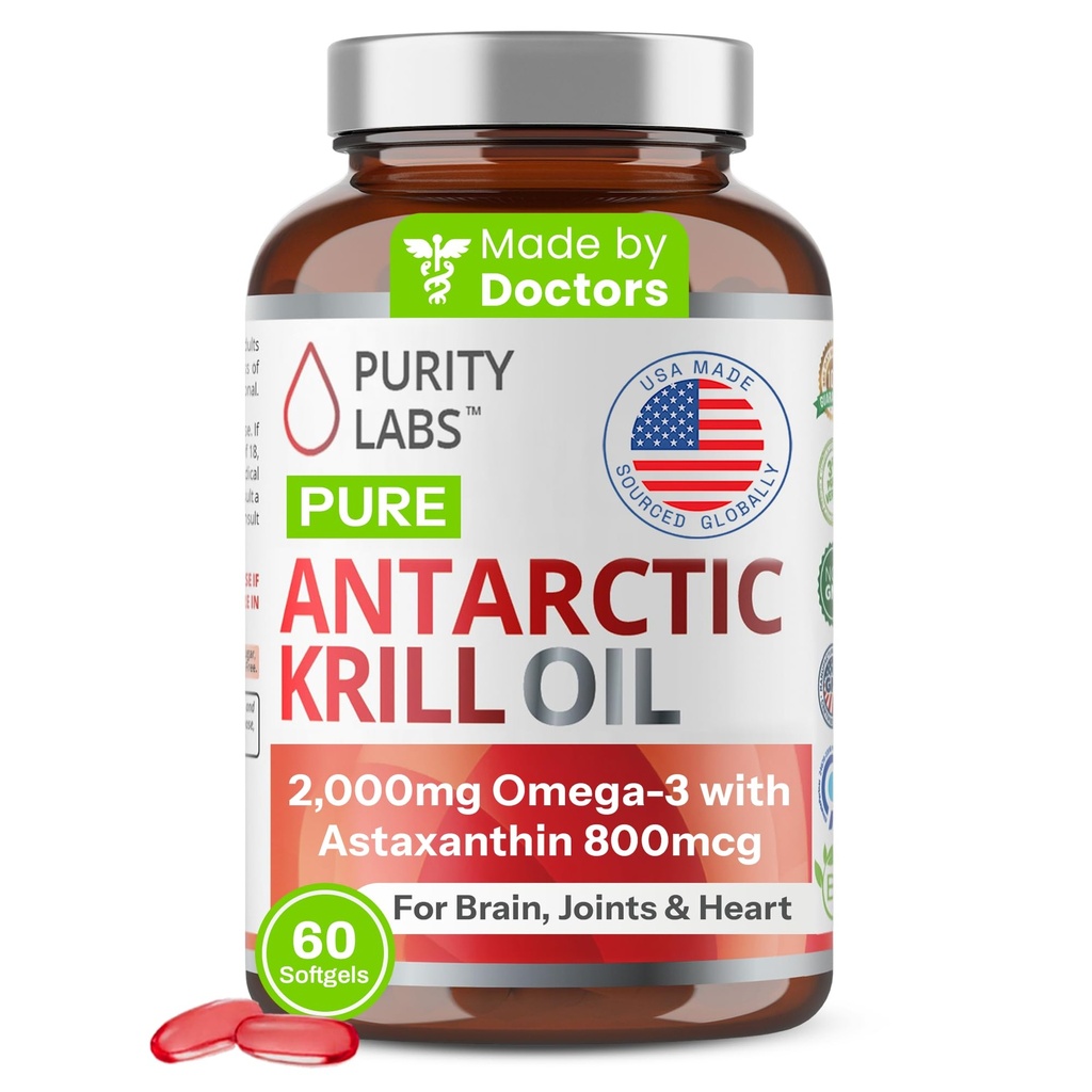 Renhed Labs Antarktiske Krill Oil 2000mg Omega-3 med Astaxanthin 800mcg Kosttilskud til Support Members - Rich in Omega 3, Fedtsyrer, DHA, EPA & Phospholipider - 60 Softgels