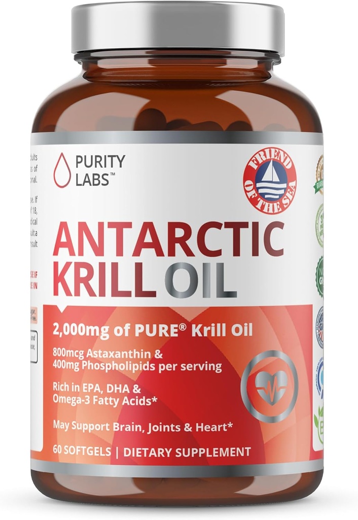 Renhed Labs Antarktiske Krill Oil 2000mg Omega-3 med Astaxanthin 800mcg Kosttilskud til Support Members - Rich in Omega 3, Fedtsyrer, DHA, EPA & Phospholipider - 60 Softgels