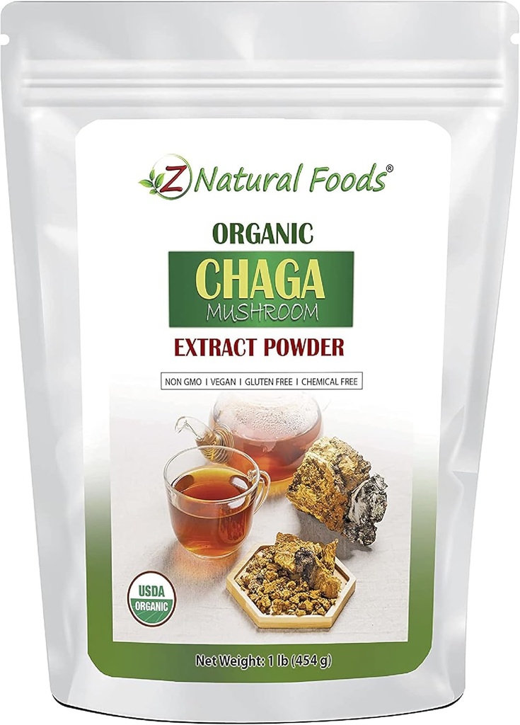 Z Naturlige fødevarer Organic Chaga Mushroom Extract Powder, Koncentreret Premium Mushroom Extract til støtte immunsundhed, Energize din morgen ved at tilføje det til kaffe og te, 1 LB