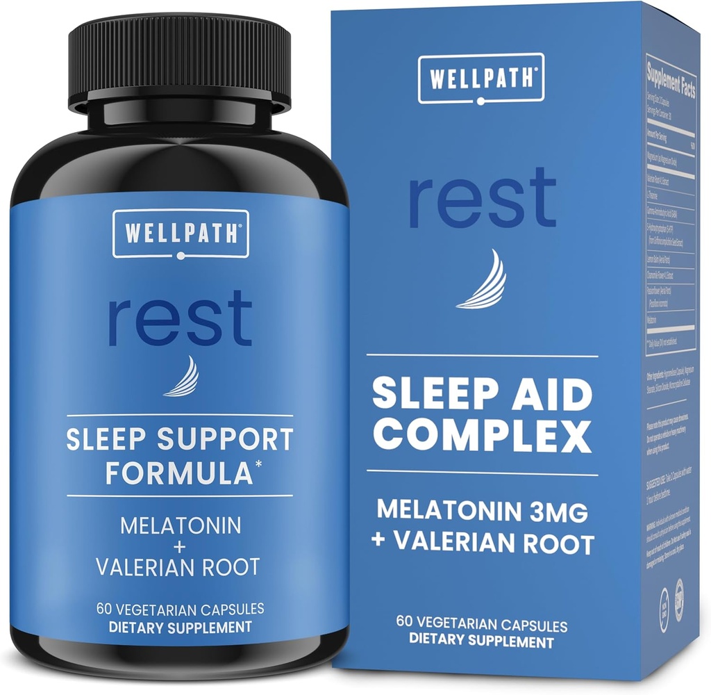 WellPath Rest Valerian Root Sleep Aid for voksne med Melatonin & L- Theanine Note 124; Natural & Herbal Sleeping Pills med ekstra styrke