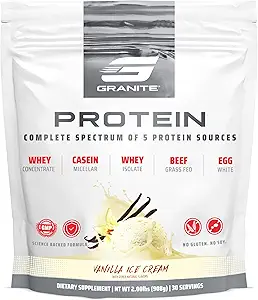 Granite Nutrition Protein Powder - Premium 5 -Source Blend (Whey, Casein, Egg, Grass- Fed Oksekød) for Lean Muscle og Inddrivelse - Vanilla Ice Cream, 30 Servering