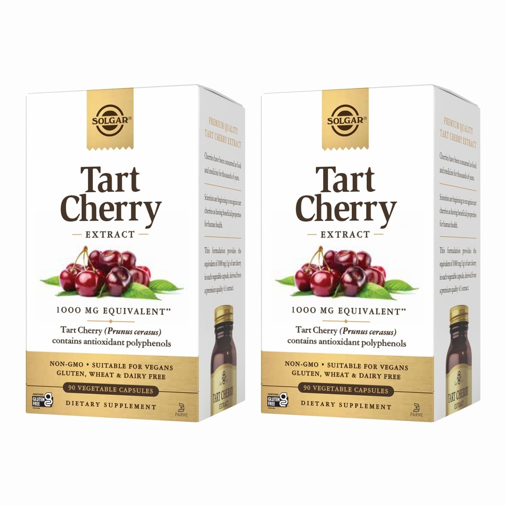 Solgar Tart Cherry 1000 mg, 90 Vegetabilske kapsler (pakke af 2) - Antioxidant med Quercetin, Chlorogen syre & Antocyanins Compounds - Non- GMO, Vegan, Gluten Free, Dairy Free - 180 Total Serverings