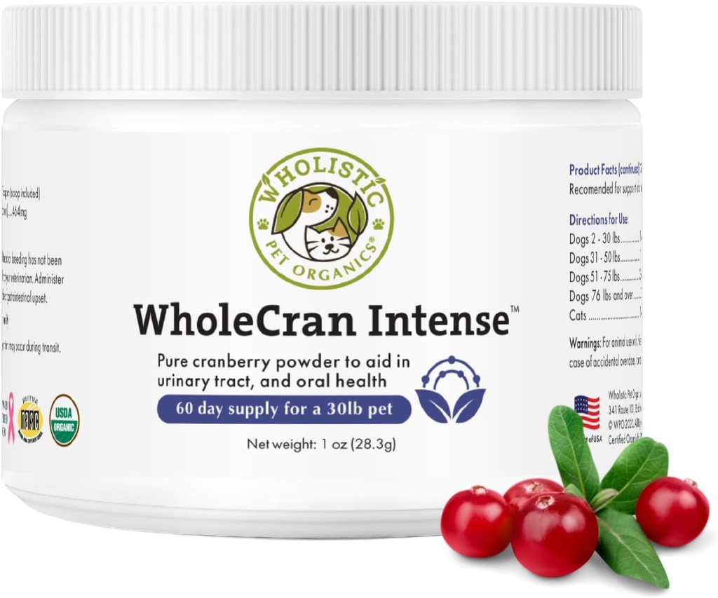 Wholistic Pet Organics WholeCran Intense: Organic Cranberry Powder for Dogs Urinary Tract Support Nyre Support for Dogs UTI Treatment Vitamin C og antioxidanter Hundeinkontinens Produkt