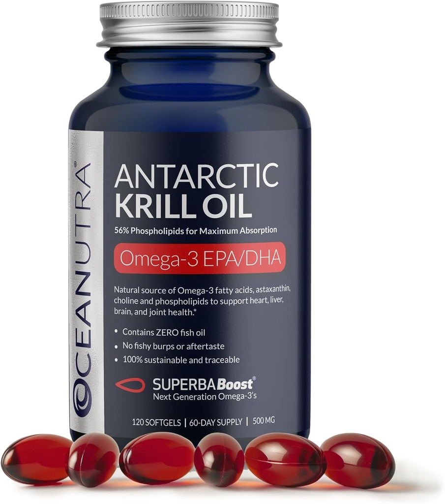 Wild fanget antarktisk krill olie 500 mg softgel, SuperbaBoost Omega 3 tillæg, EPA & DHA, Astaxanthin, Cholin, 56% fosfolipider, Bæredygtig, Ingen Fish Oil, Vanilla Flavor (60- Day Supply)