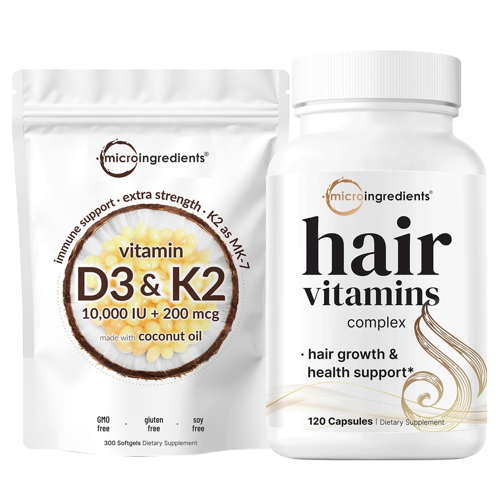 Micro Ingredients Vitamin D3 10,000iu + K2 200mcg Coconut Oil Softels & Hår Vitaminer Complex Kapsler Bundle 2 Pack 124; Essential Sunshine Vitumn Medical 124; 14-in-1 Avanceret hårvækst Support