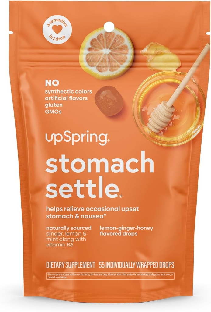 UpSpring Stomach Settle Drops til lejlighedsvis kvalme Relief og morgen sygdom med ingefær, Lemon, Spearmint, og B6. Individuelt indpakket Drops, 55 Ct (Packaging May Vary)