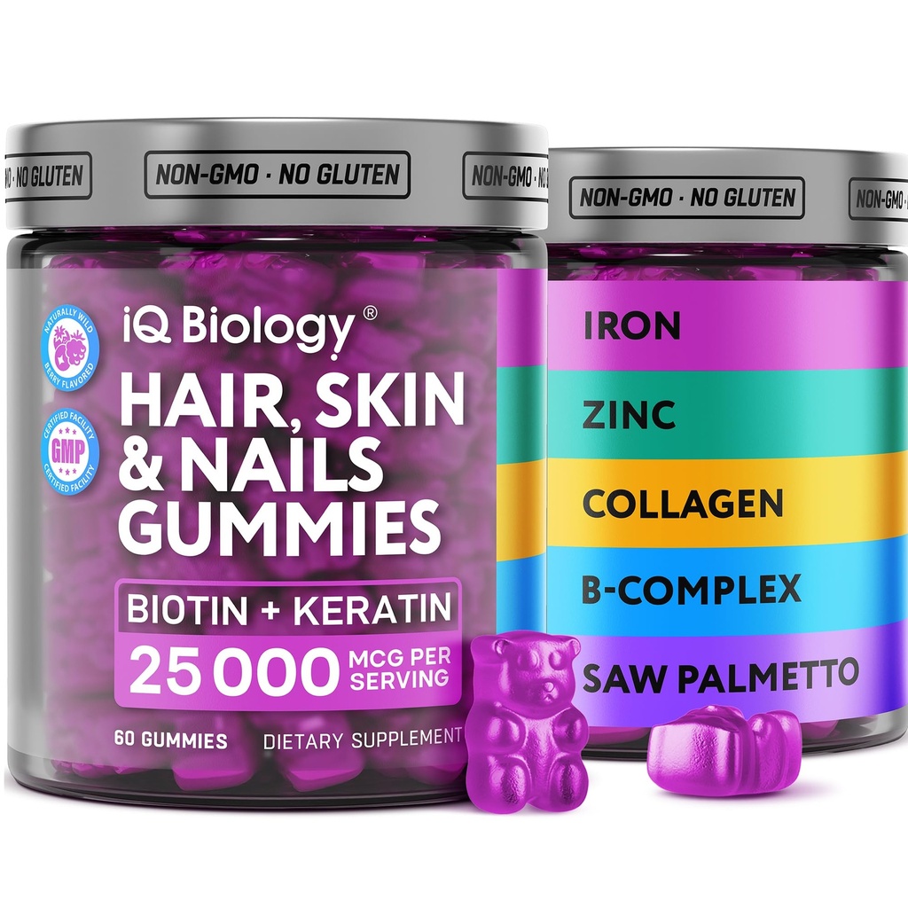 Biotin gummier for hår, hud og negle - hårvækst vitaminer til kvinder & mænd - hårtab vingummi supplement med ekstra styrke biotin (vitamin B7), kollagen, Keratin & DHT Blocker, 60 tygbare bjørne