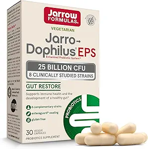 Jarrow Formulas Jarro- Dophilus EPS Gut Gendanne Probiotika 25 Millioner CFU med 8 Clinically- Studerede Strops, Kosttilskud til Intestinal og immunforsvar, 30 Veggie Capsules, 30 Day Supply