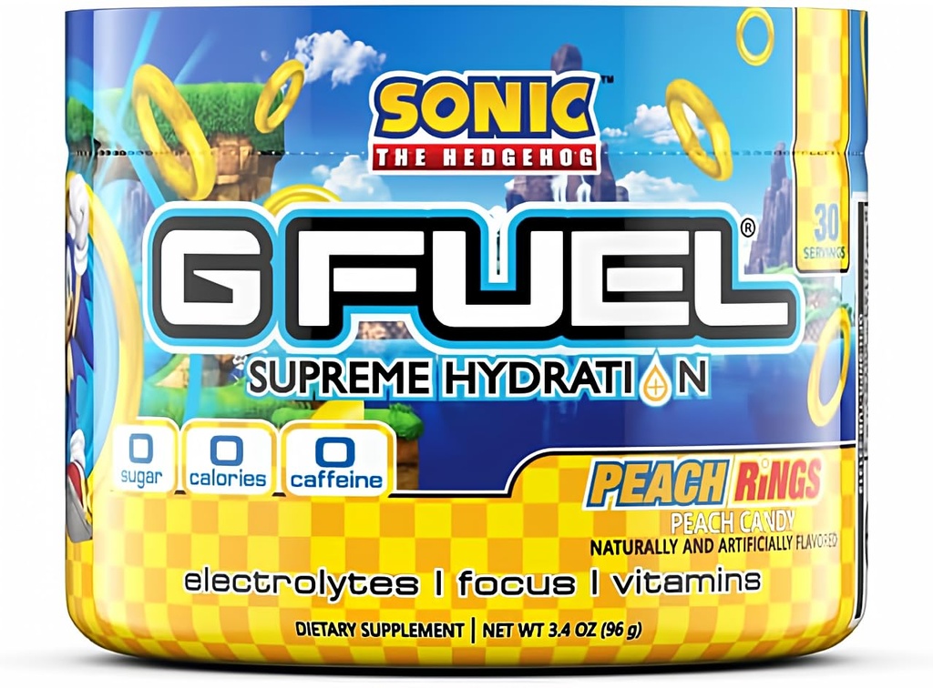 G Brændstof Sonic 's Peach Rings Supreme Hydration, Electrolyte Powder Mix for Energy & Focus, Sukker og Koffein Free Supplement med essentielle vitaminer og mineraler, Peach Rings Flavor, 3.4 oz - 30 Servere