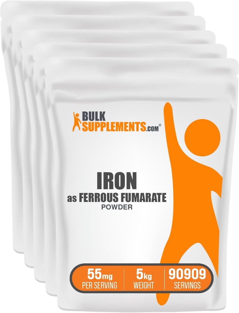 BulkSupplements.com Ferrous Fumarate Powder - Essential Mineral, Jern Supplement for mænd og kvinder - Gluten Free, 55mg per servering, 1kg (2.2 lbs) (Pack of 5)