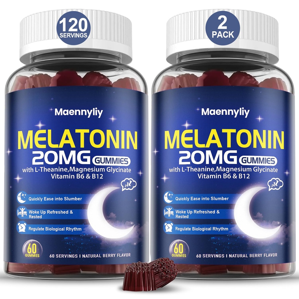 Melatonin 20mg Gummies til voksne - Sugar Free Melatonin Gummies Extra Styrke med L- Theanin, Magnesium, Ashwagandha, Gurkemeje, D3 & Zink - Ikke-Habit Forming