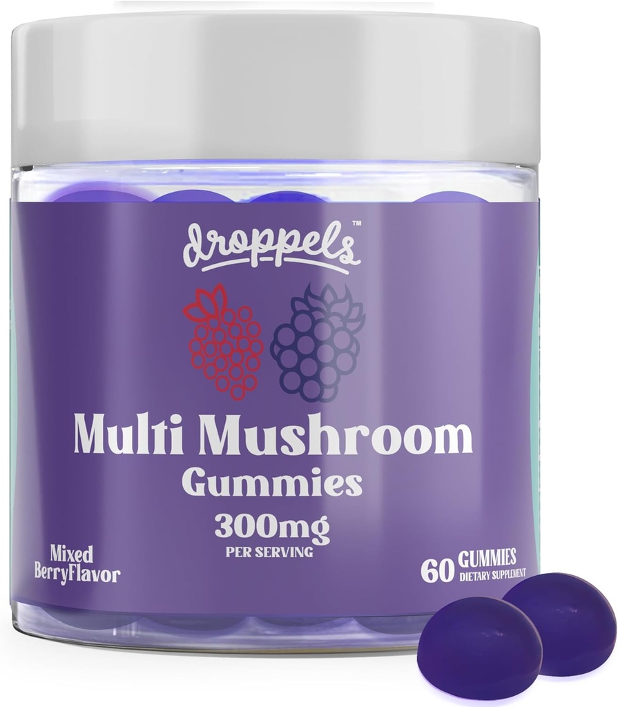 Droppels Multi- Mushroom Gummies Yep 124; Vegansk, Pectin- baseret & Non- GMO Mep 124; Maitake, Shiitake, Tyrkiet Hale, Chaga, Reishi & Lions Mane Support 124; Blandede bær Flavor, 60 Greve