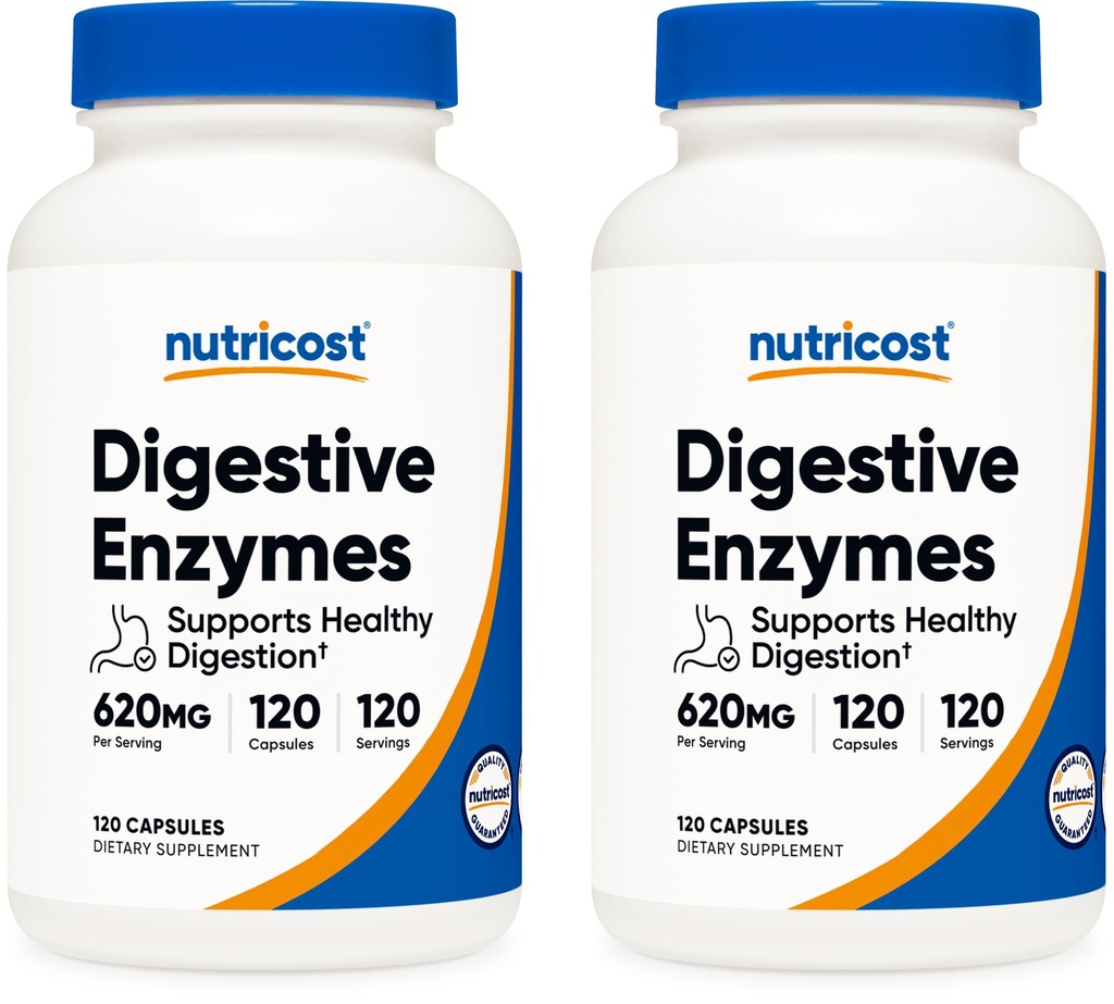 Nutricost fordøjelsesenzymer 620mg, 120 Veggie kapsler (2 flasker) - Komplet fordøjelsesenzymer supplement