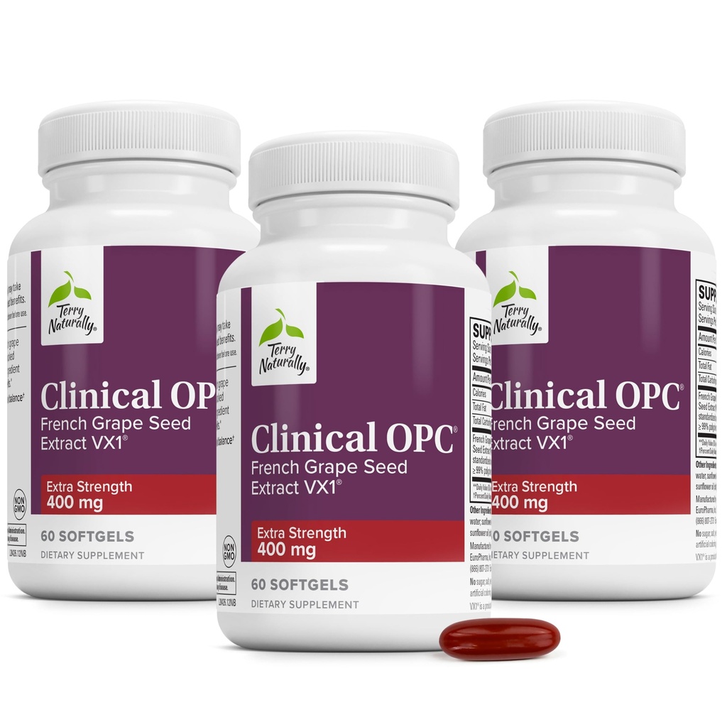 Terry naturligt klinisk OPC Extra Strength - Kardiovaskulær Health & Focus Support - Supplement med Grape Seed Extract - immunsupport Supplement - 60 Softgels (pakke med 3)