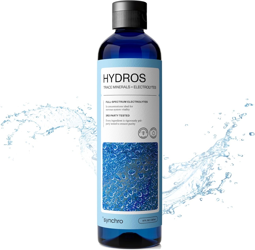 Synchro - Hydros Trace Mineral Drops med Electrolytes, Mineral- Rich Water Drop for Electrolyte Water, Hydrating Electrolyte Drops for Nervesystemet Support, Mineral Drops til Drikkevand, 8 fl oz