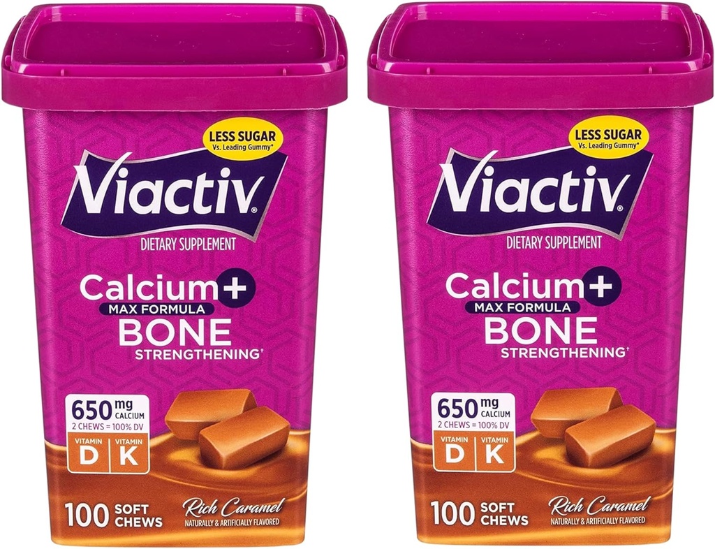 Viactiv Max Formel Calcium + D3- vitamin supplement til knoglesundhed, Rich Caramel, 100 bløde tykkere - 2 Pack