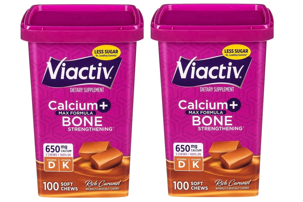 Viactiv Max Formel Calcium + D3- vitamin supplement til knoglesundhed, Rich Caramel, 100 bløde tykkere - 2 Pack