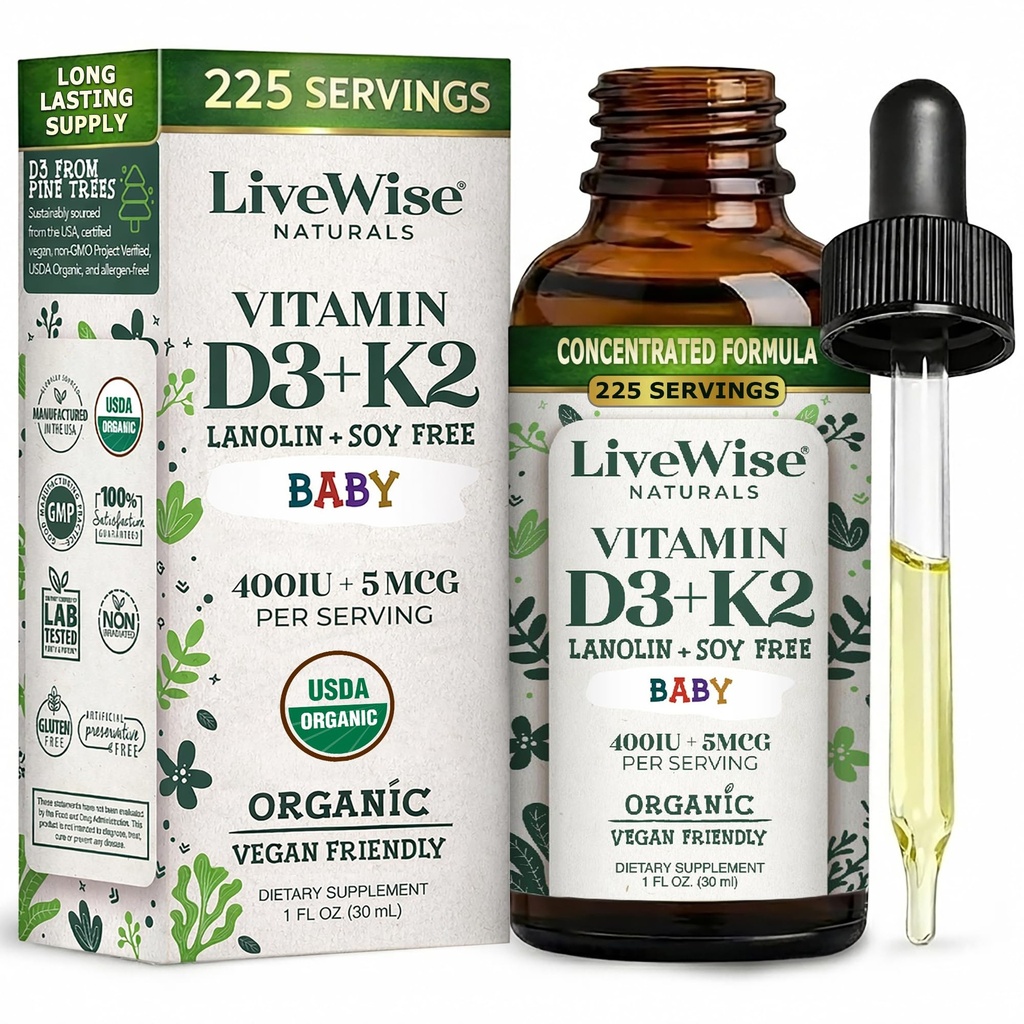 LiveWise Naturals Baby Vitamin D3- K2 Liquid Supplement, Vitamin Drops til spædbørn og tandlæger, for sund vækst, udvikling og daglig wellness, Easy- to- Brug Dropper i glasflaske, 1 Fl Oz
